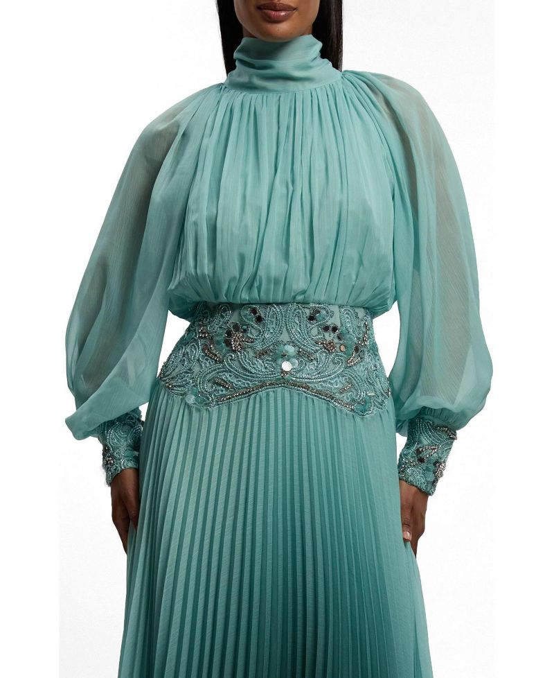 Women's Long Sleeve High Neck Pleated Maxi Dress