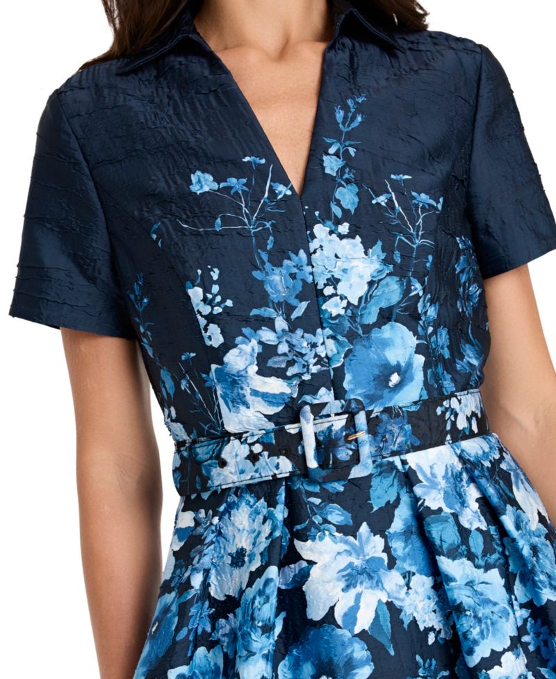 Women's Belted Floral-Print V-Neck Midi Dress