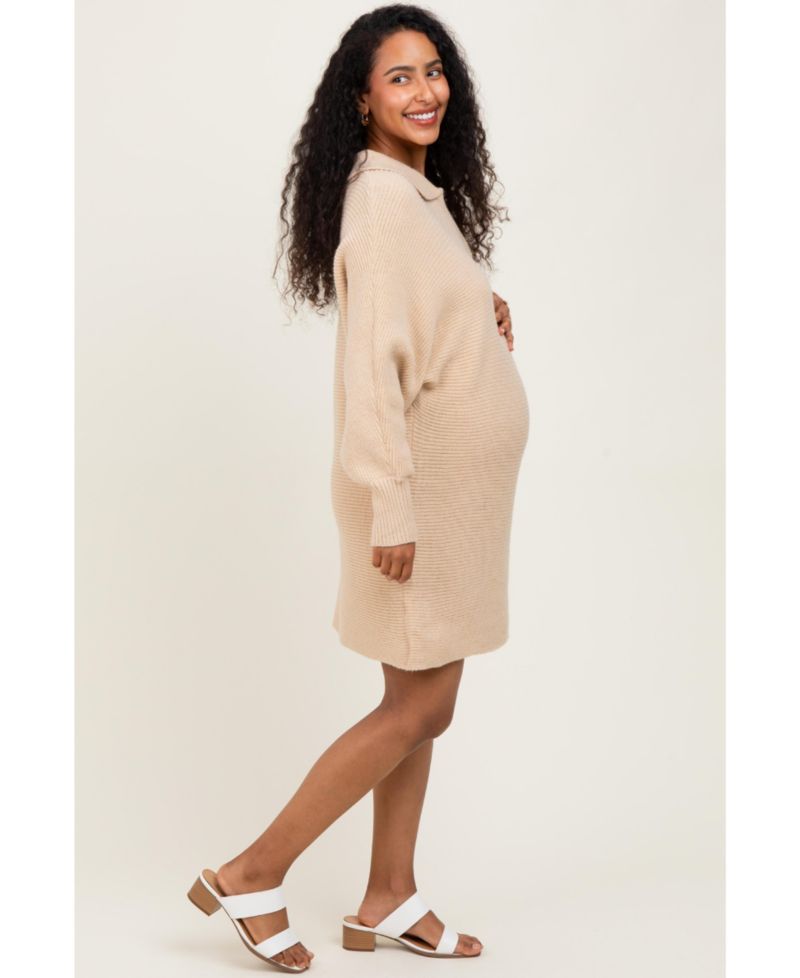 Women's Taupe Chunky Knit Collared Sweater Dress