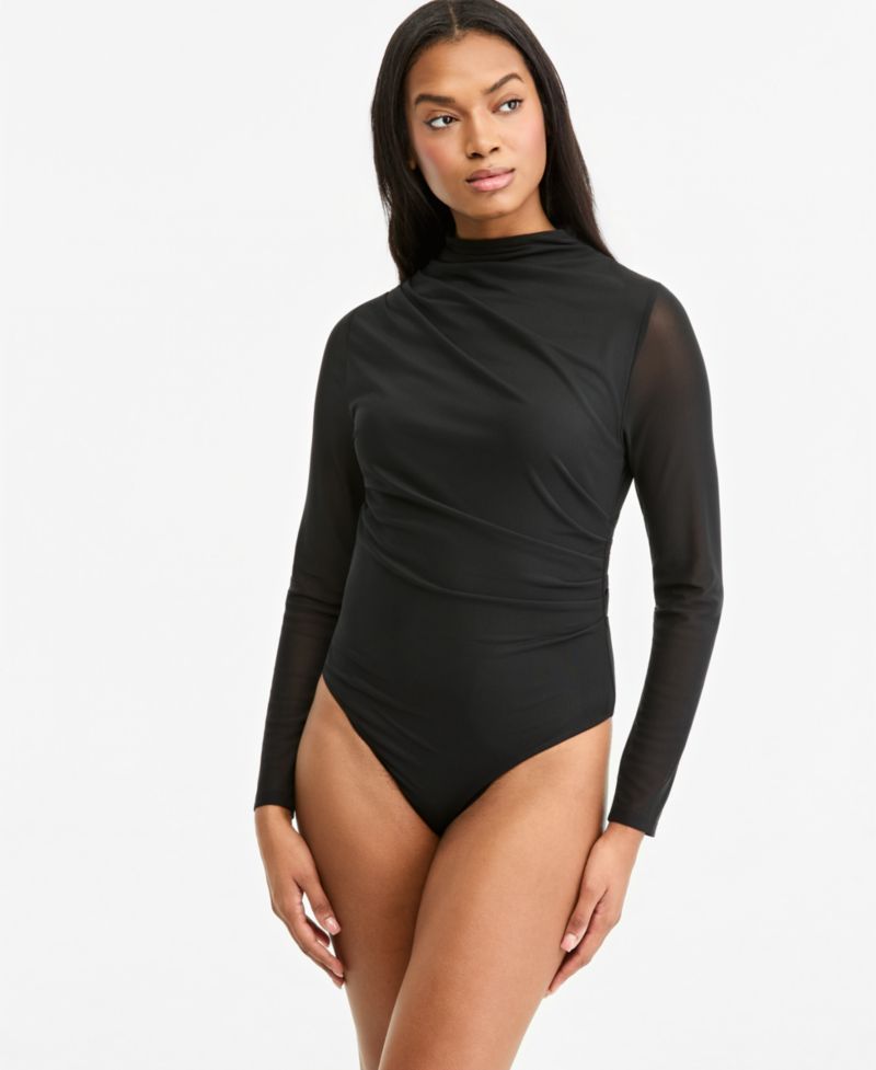 Women's Long-Sleeve Asymmetrical-Pleating Mock-Neck Bodysuit