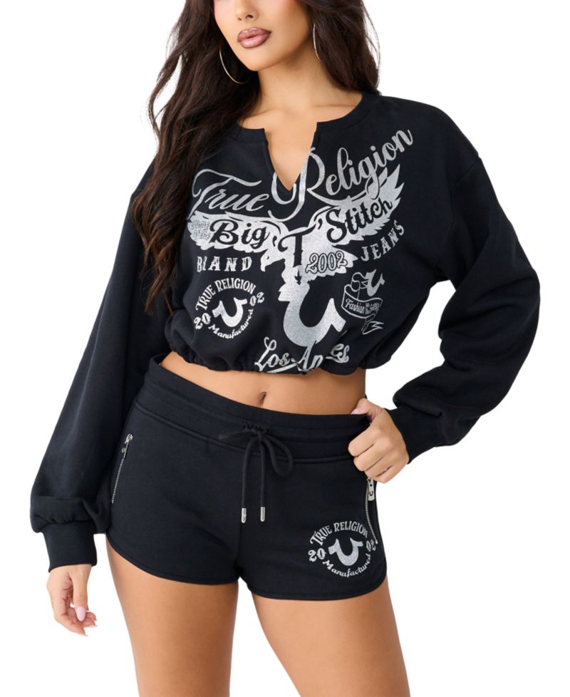 Women's V-Notch Pullover Cropped Long-Sleeve Print Top