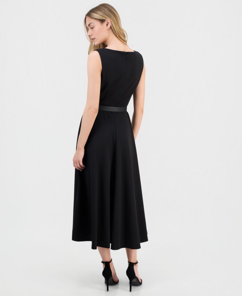 Women's Asymmetric-Neck Belted Midi Dress