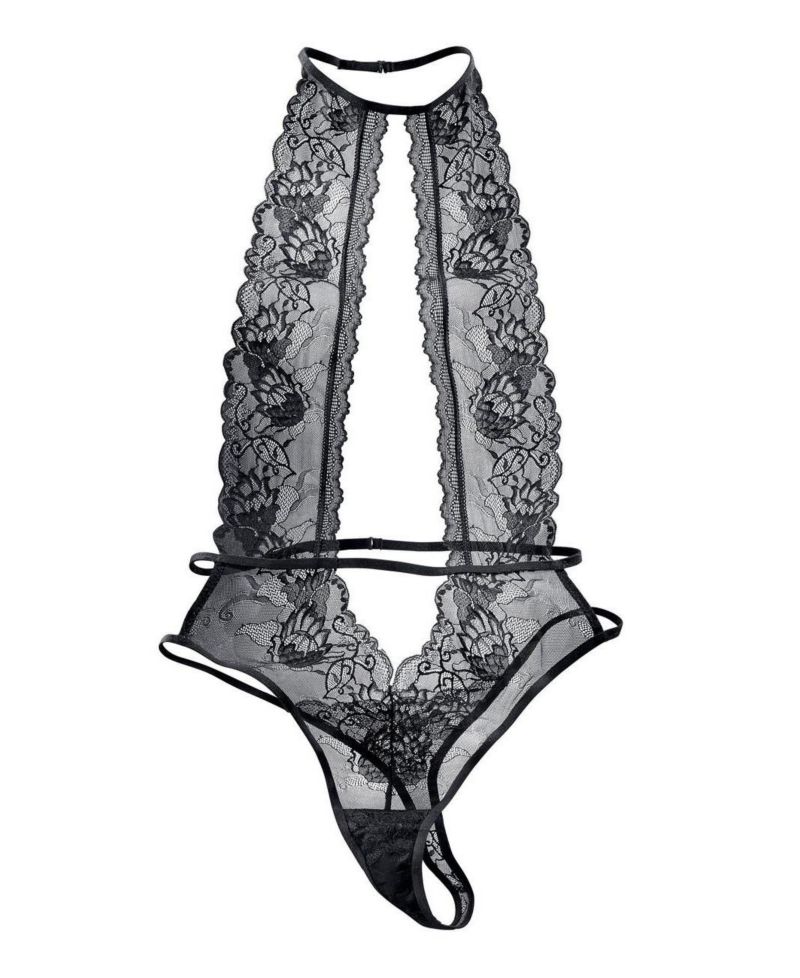 Women's Floral Print Lace Plunge Halterneck Lingerie Teddy