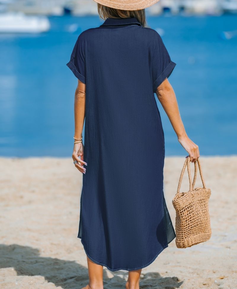 Women's Denim Short Sleeve Button Down Cover Up Dress