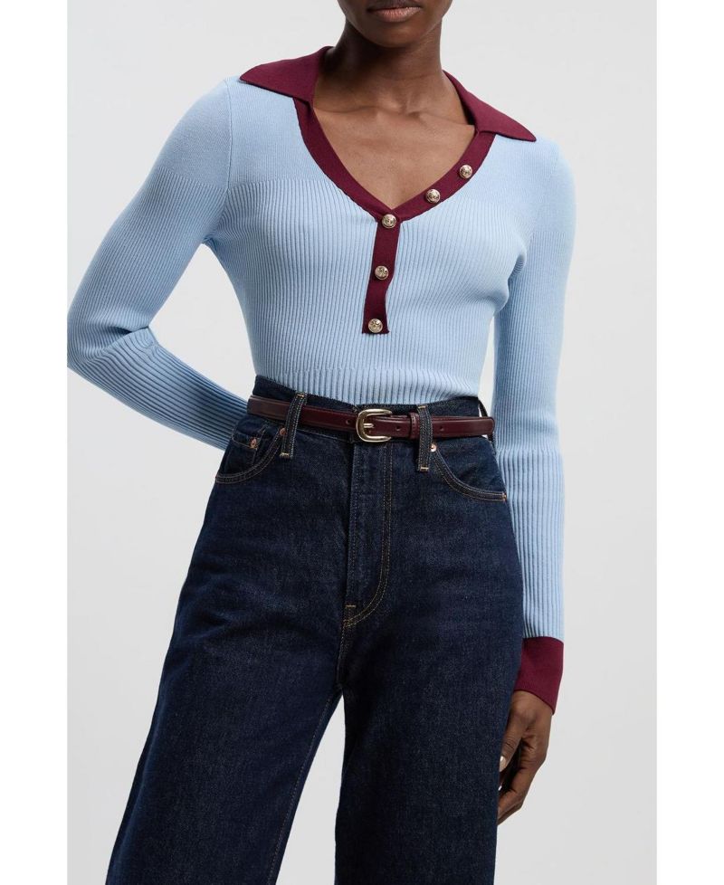 Women's Rib Knit Contrast Hem Collared Top