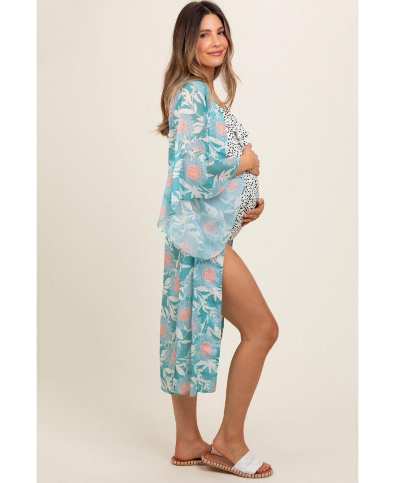 Women's Teal Floral Bell Sleeve Cover-Up