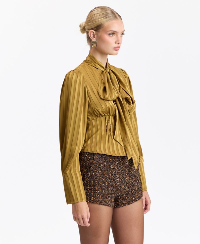 Women's Long-Puff Sleeve Scarf-Tie Neck Blouse