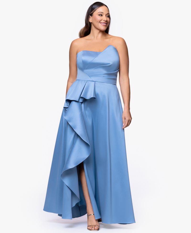 petite Strapless Side Ruffle Satin Ball Gown