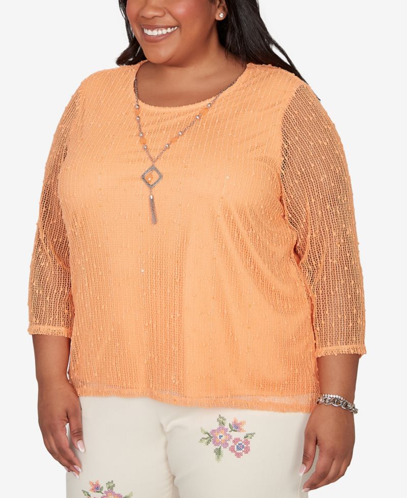 Plus Size Beachcomber Bright Popcorn Mesh Top with Necklace