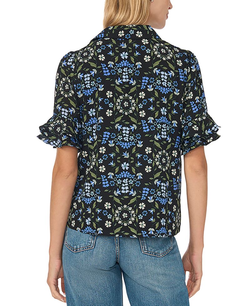 Women's Double-Ruffle Floral-Print Short-Sleeve Button-Down Shirt