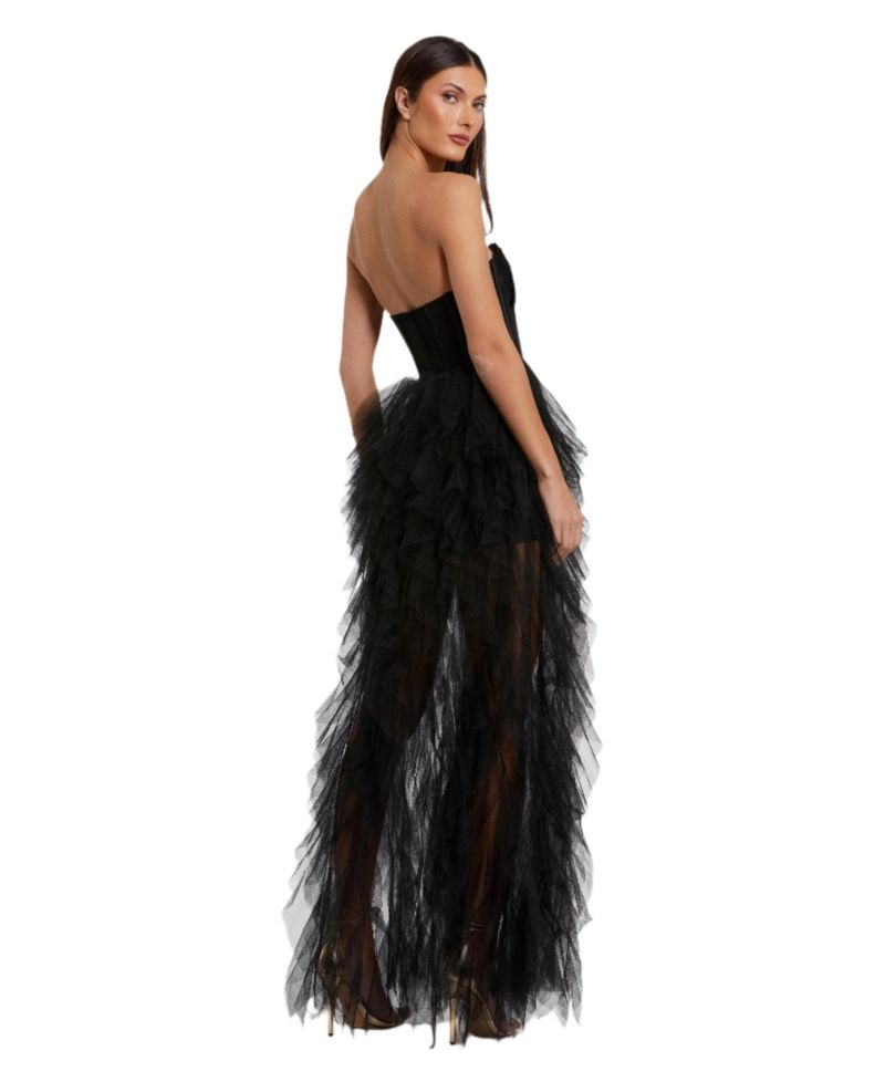 Women's Strapless Bustier Net Gown With Spiral Ruffles
