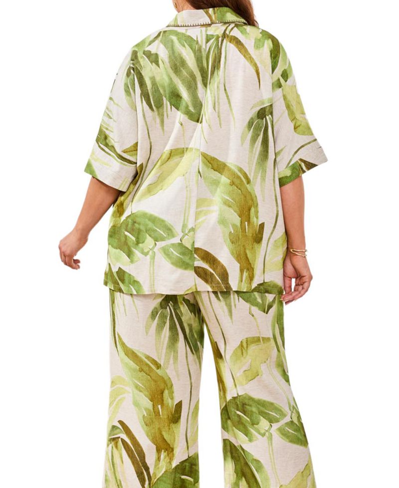 Plus Size Printed Linen Flare Pull-On Ankle Pants