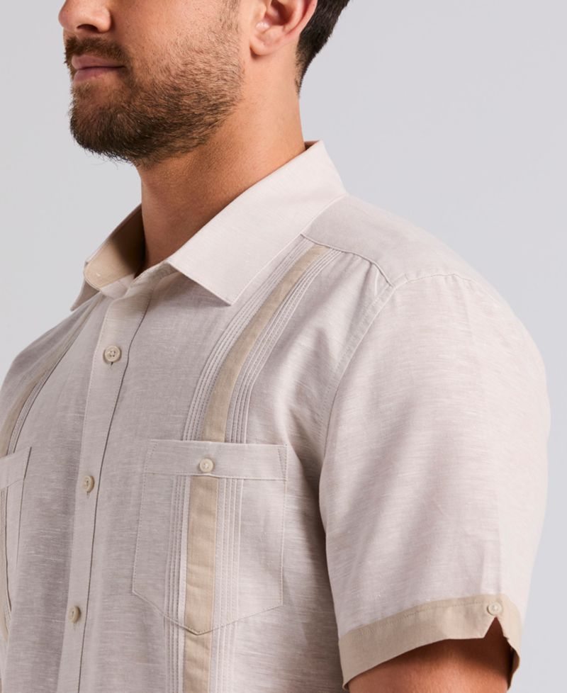 Men's Cross-Dyed Linen-Blend Short-Sleeve Pintucked Shirt