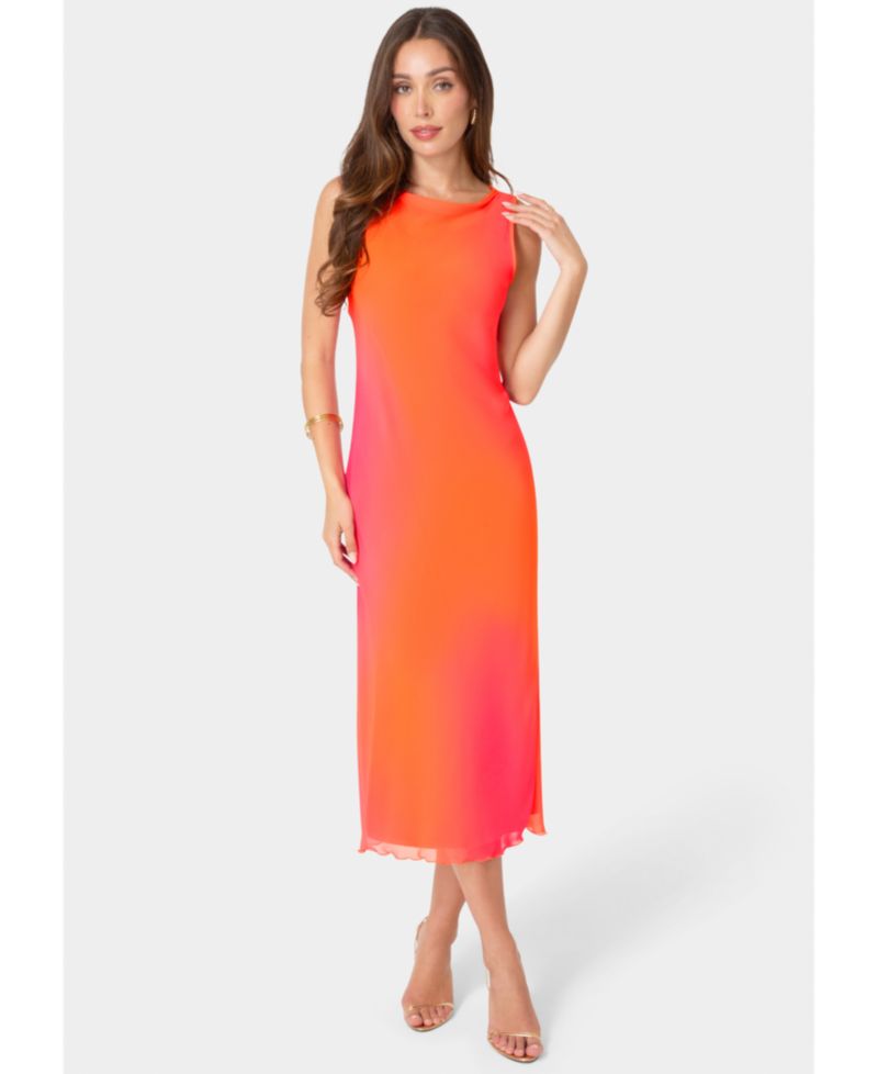 Women's Smudge Chiffon Gradient-Pattern Racer Neck Wedding Guest Maxi Dress