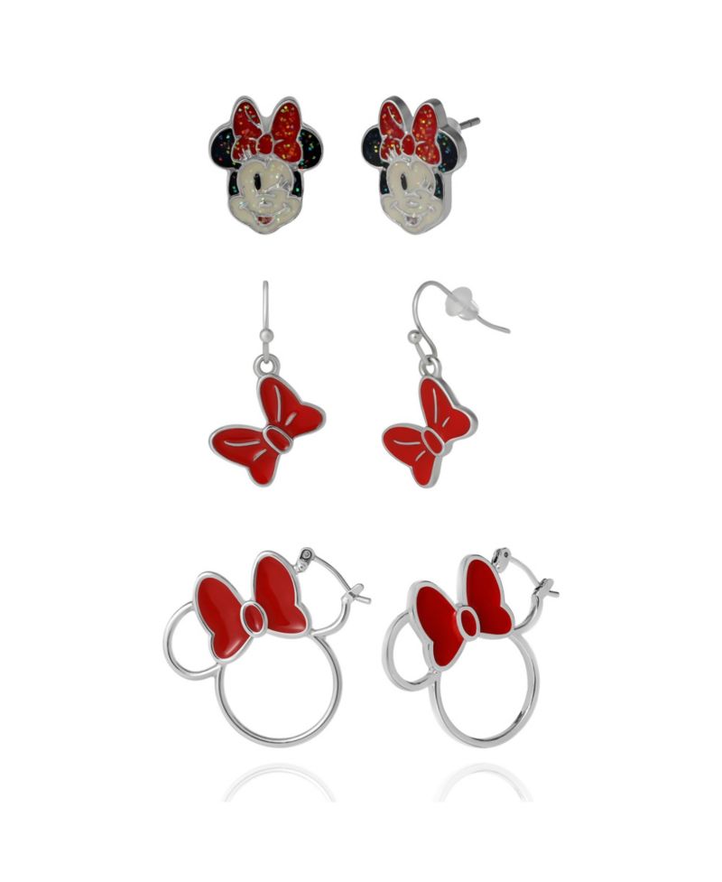 Minnie Mouse Bow Earring Set, 3 Pairs (Hoops, Drops & Studs), Silver Tone