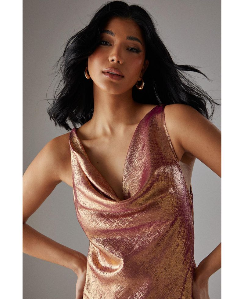 Women's Metallic Lame Cowl Neck Maxi Dress