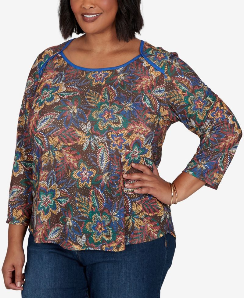 Plus Size Textured Floral Print Knit Top