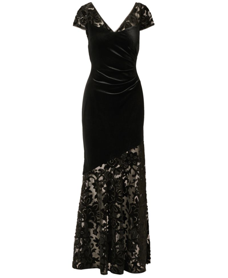 Women's V-Neck Velvet Floral-Print Gown