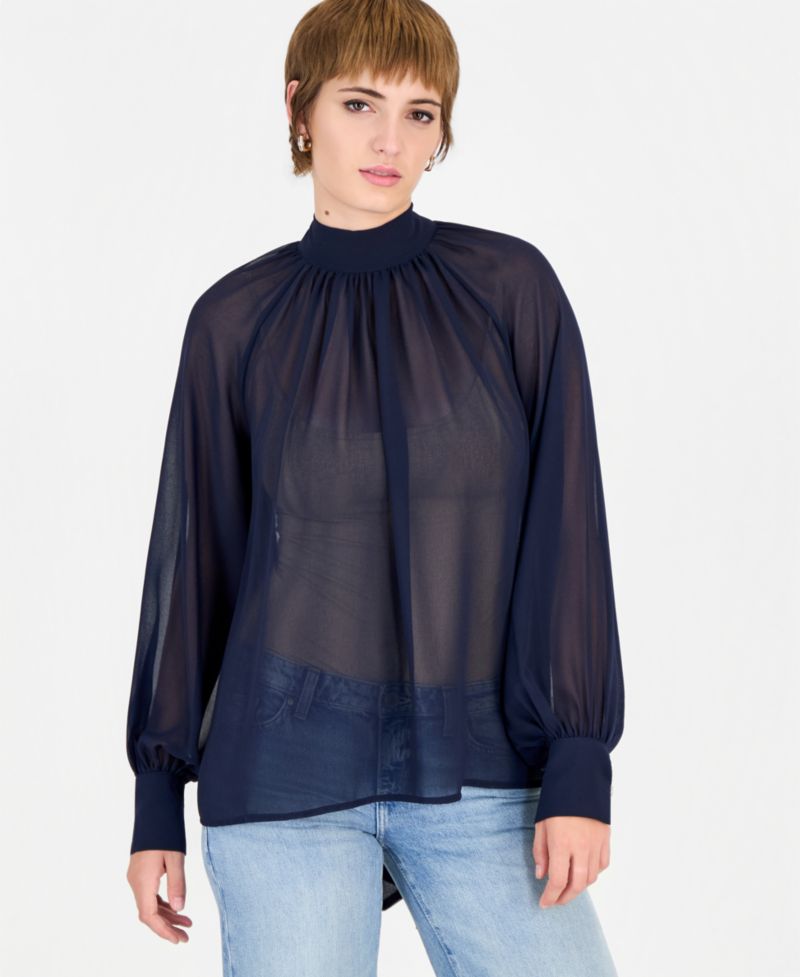 Women's Long Sleeve Audrine Printed Tie-Neck Bow Blouse