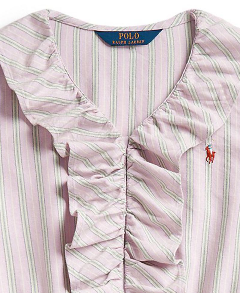 Girls' 7-16 Striped Ruffled Cotton Oxford Dress