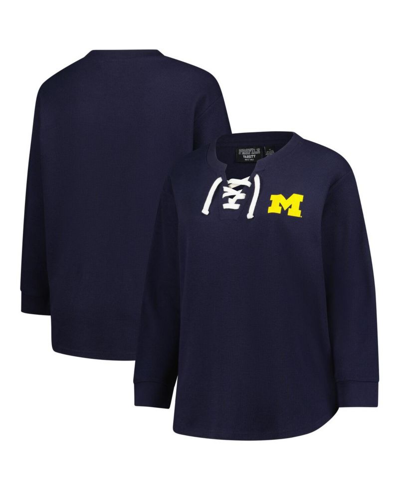 Women's Navy Michigan Wolverines Lace-Up Waffle Knit Plus Size Long Sleeve T-Shirt