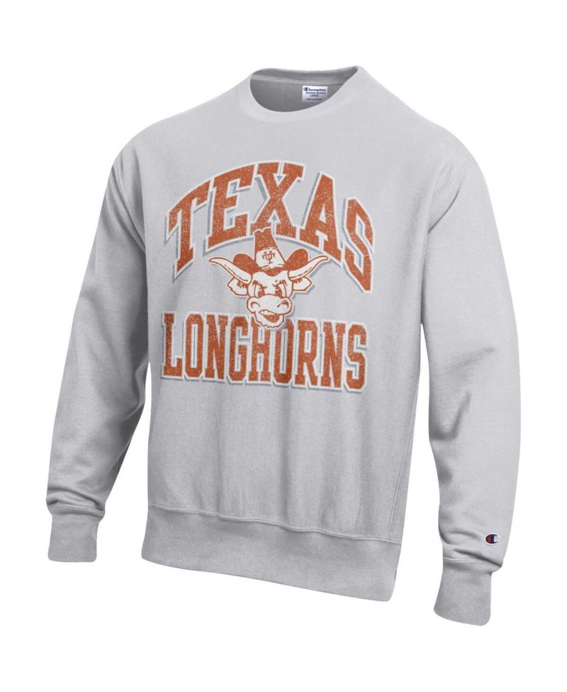 Men's Gray Texas Longhorns Distressed Arch Over Logo Reverse Weave Crew Neck Sweatshirt