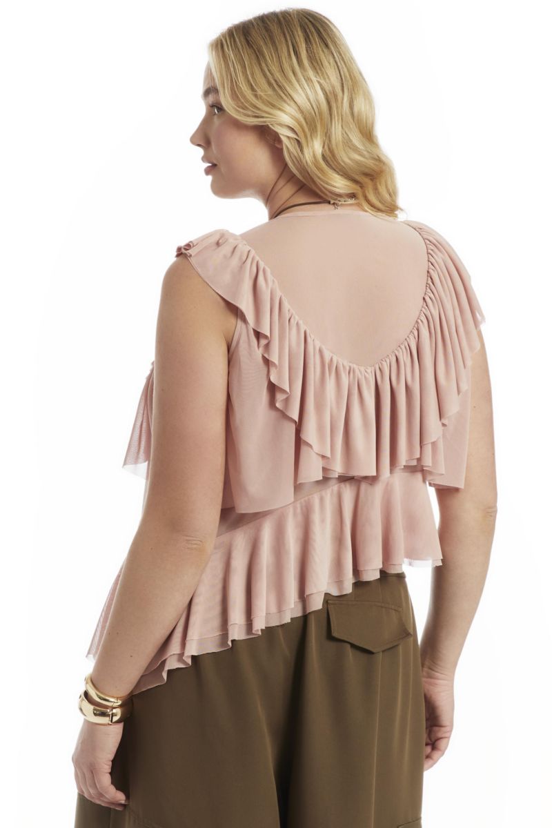 Women's June and Vie Asymmetric Ruffle Mesh Top