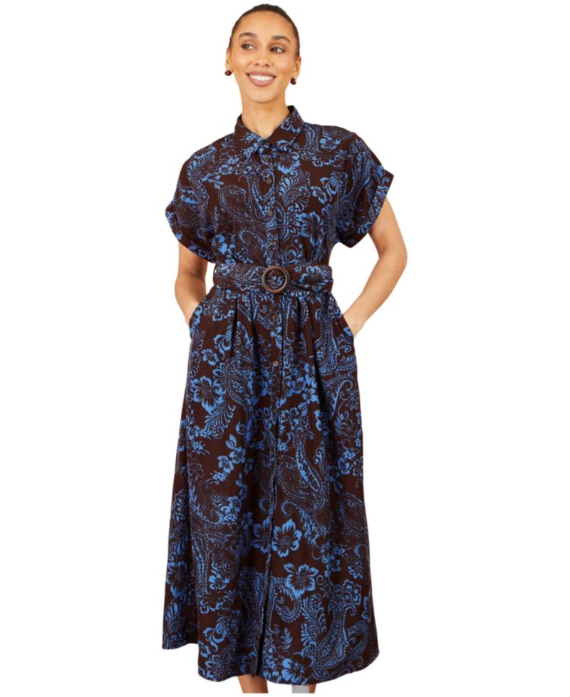 Women's Paisley Belted Short-Sleeve Shirt Dress