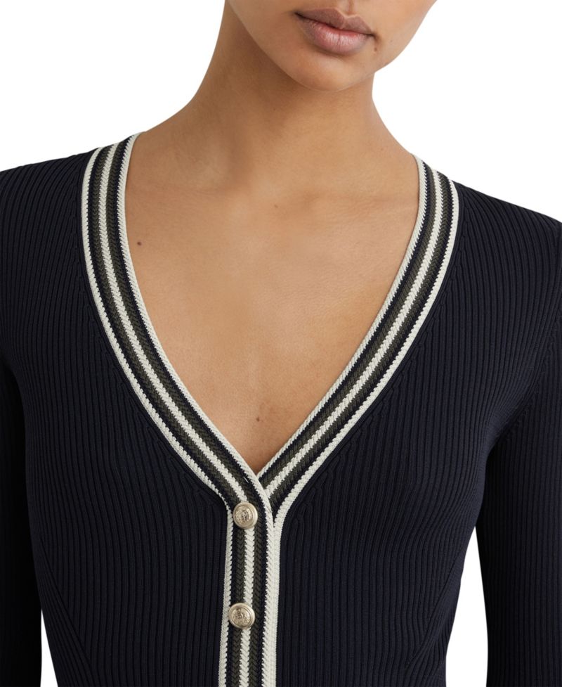 Women's Rib-Knit Stripe-Trim Pleated Midi Dress