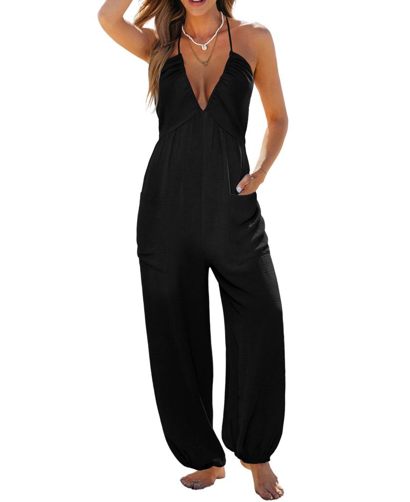 Women's V-Neck Zipper Closure Unlined Jumpsuit