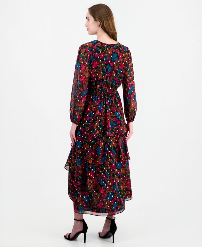 Women's Long-Sleeve V-Neck Asymmetrical Dress