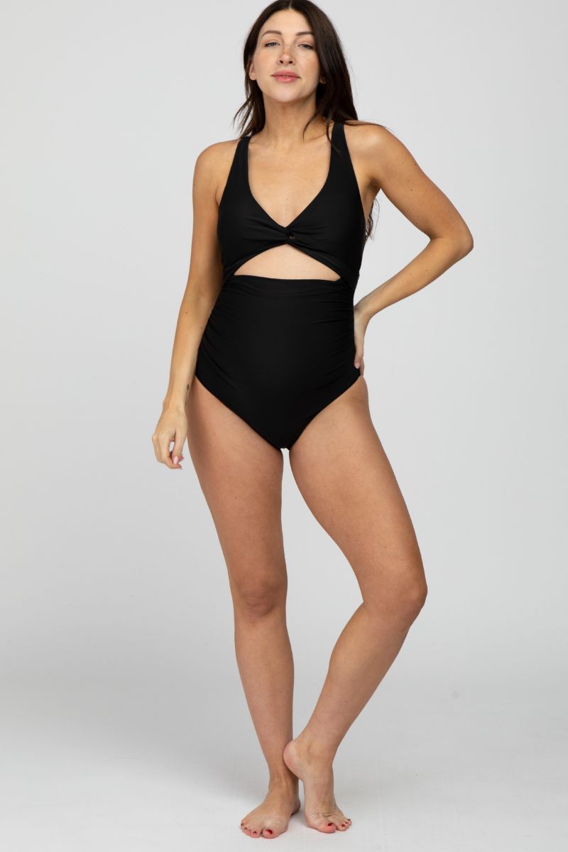 Women's Olive Ruched Sides Front Cutout One Piece Swimsuit