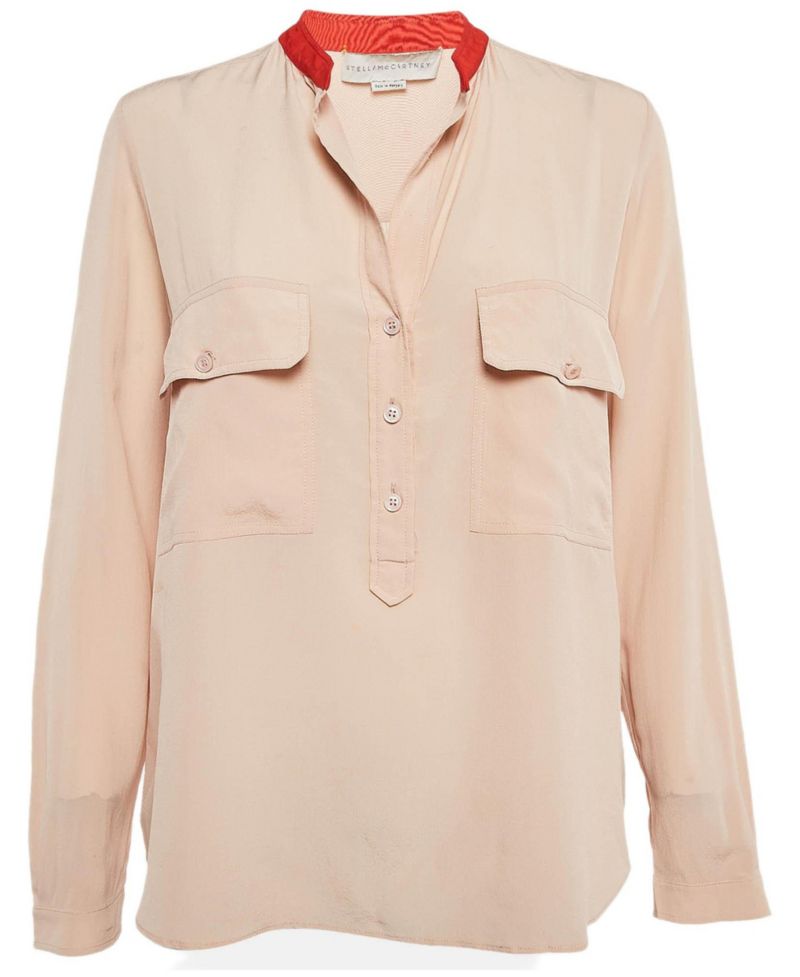 Women's Pale Pink Silk Crepe Contrast Collar Detail Blouse