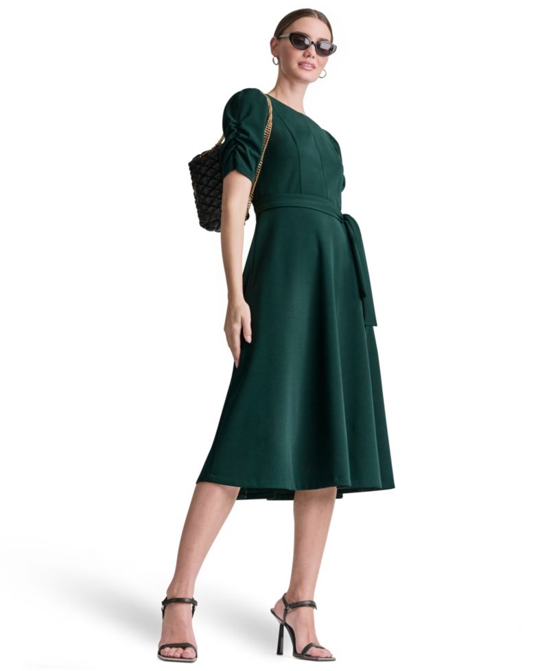 Women's Short-Sleeve Scuba Crepe Belted Fit and Flare Midi Dress