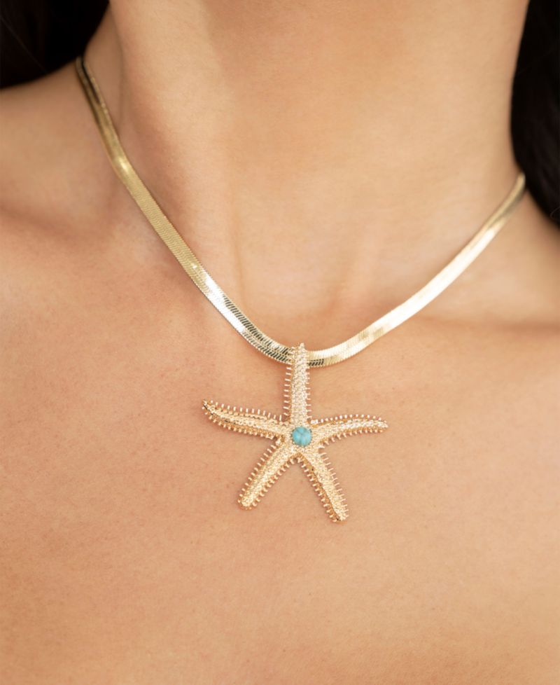 Turquoise Starfish Pendant Herringbone Chain Necklace