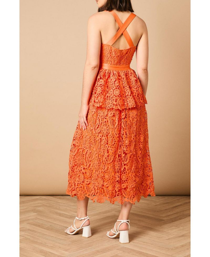 Women's Cross Strap Tiered Lace Midi Dress