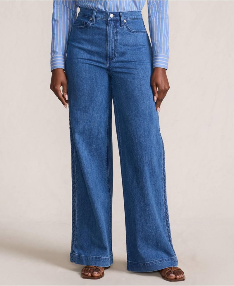 Women's Soft Denim High Rise Wide Leg Braided Jeans