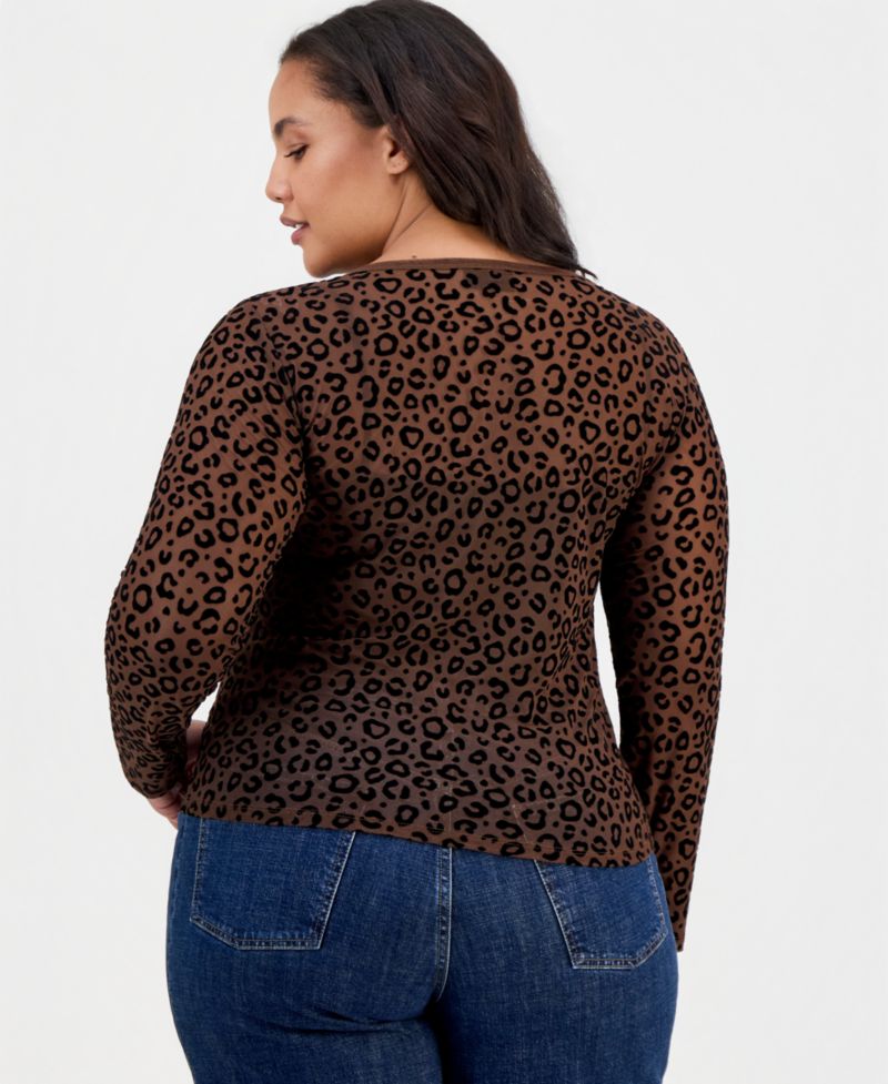 Plus Size Flocked Mesh Long-Sleeve Crewneck Top