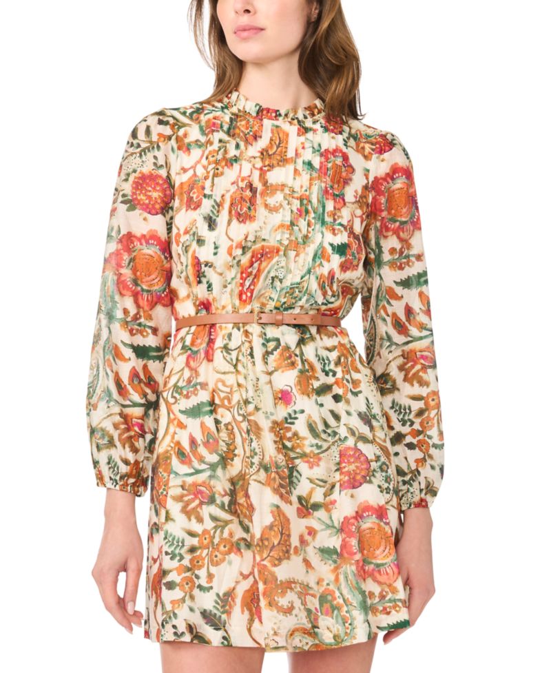 Women's Pleated Floral Long-Sleeve Mini Dress