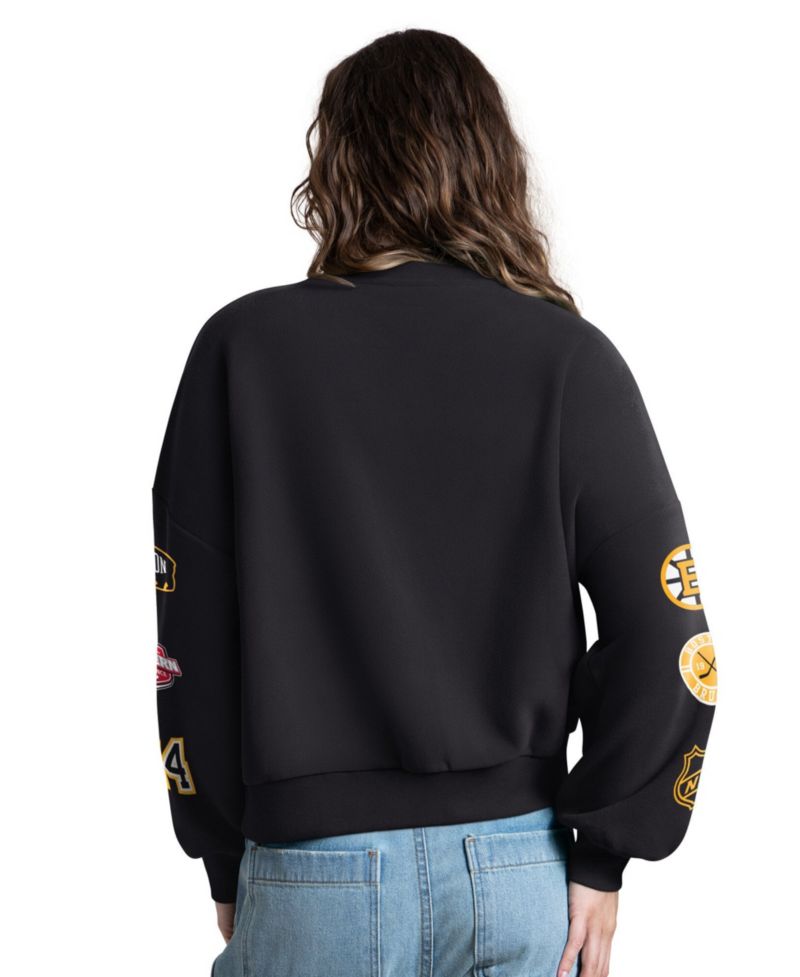 Women's Black Boston Bruins Fan Catch Applique Sleeve Print Sweatshirt