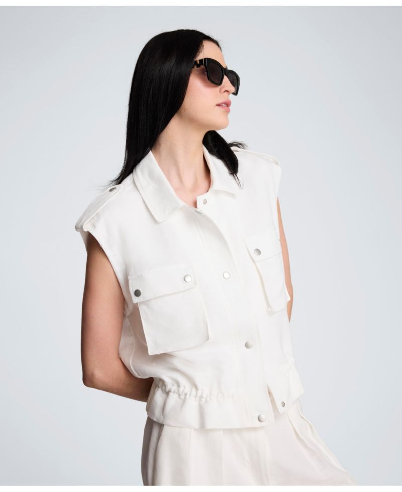 Women's Collared Patch Pockets Linen Vest