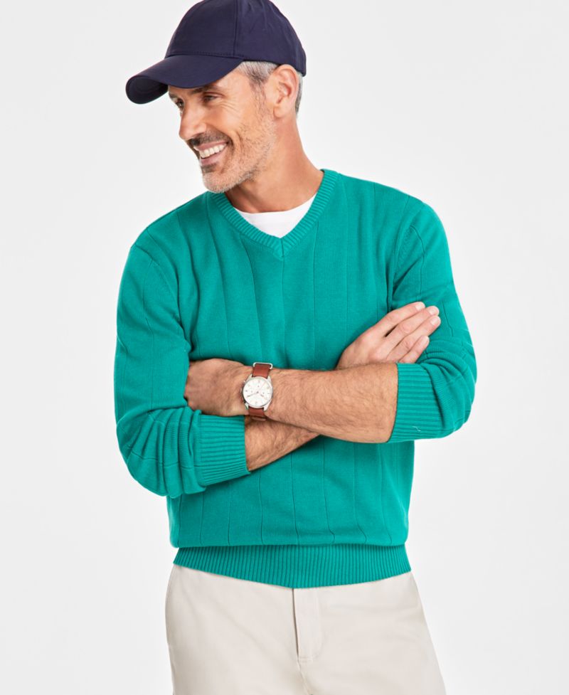 Men's Drop-Needle V-Neck Cotton Sweater