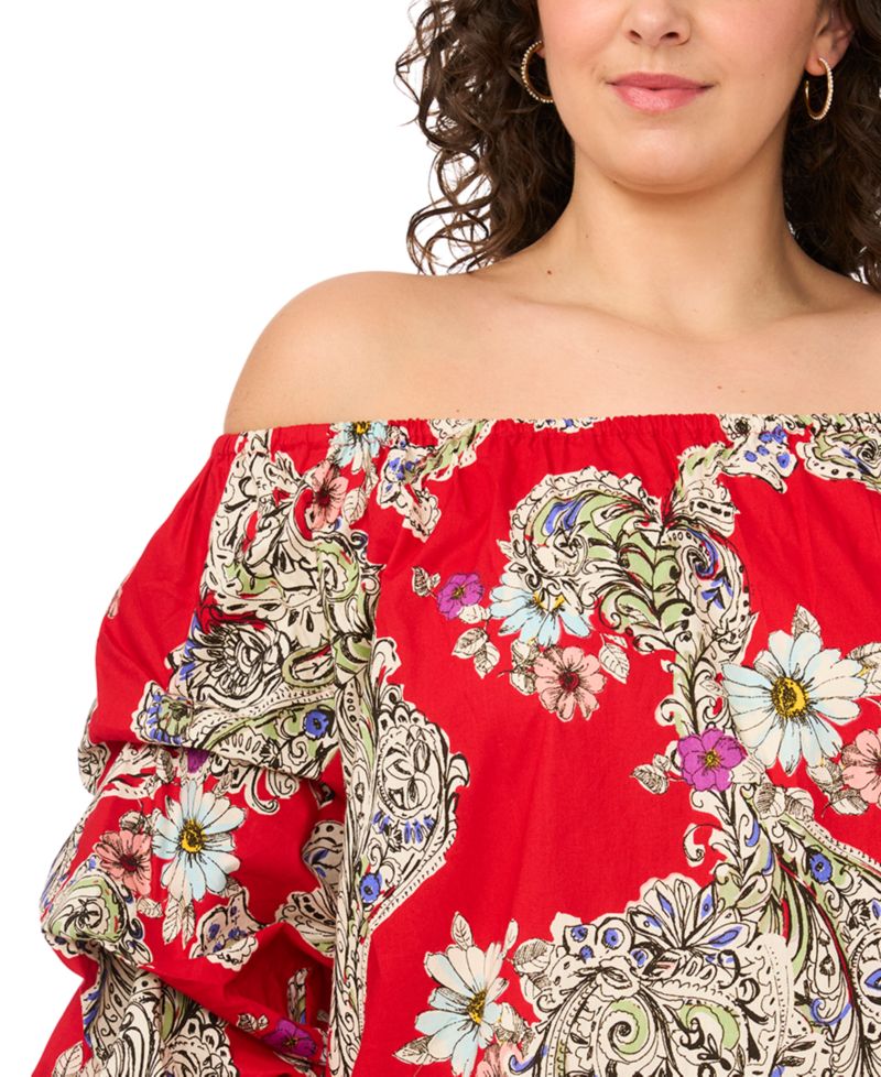 Plus Size Printed Cotton Off-The-Shoulder Dress