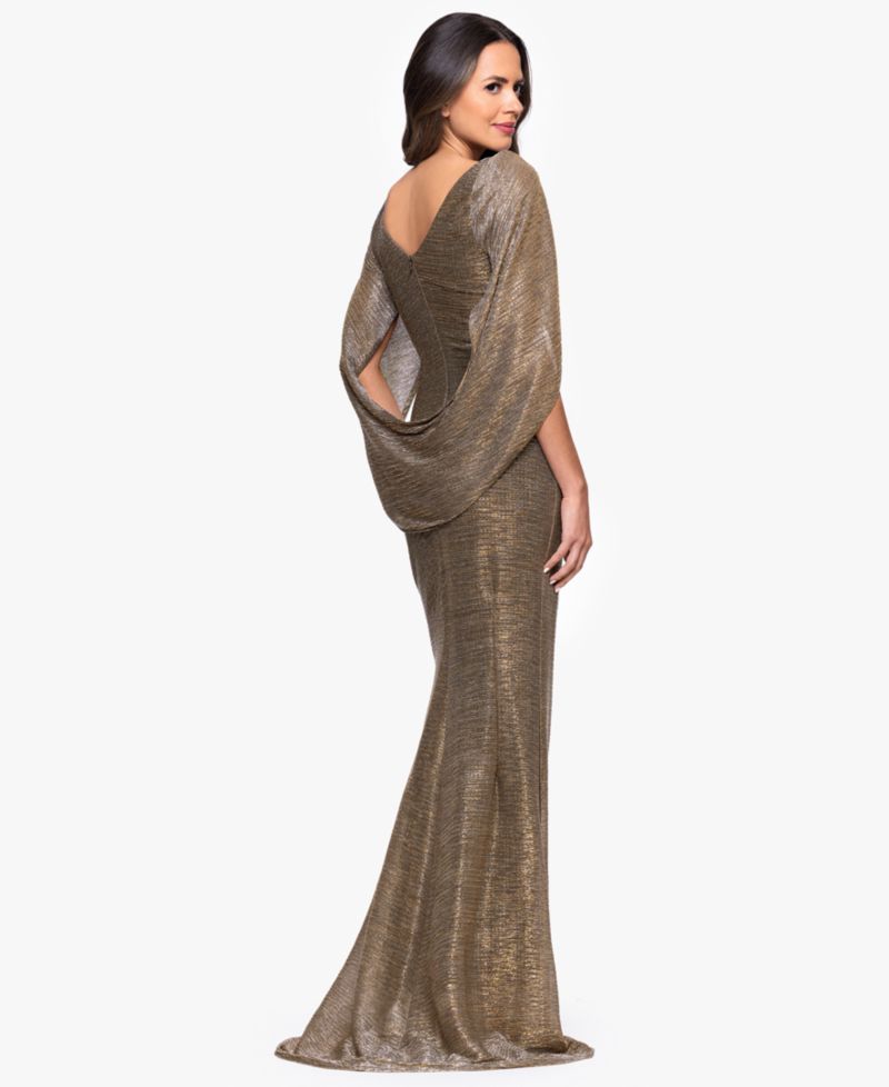 Petite Mother of Bride Metallic-Crinkle Long-Sleeve Gown