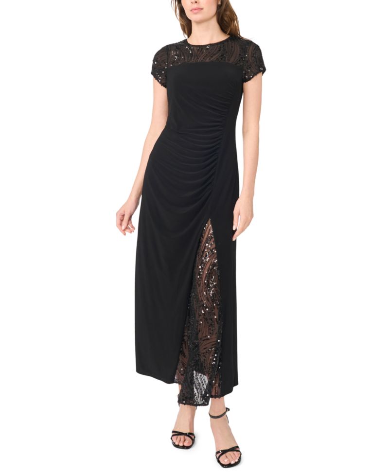 Women's Slit Illusion Sequin-Lace Ruched Maxi Dress