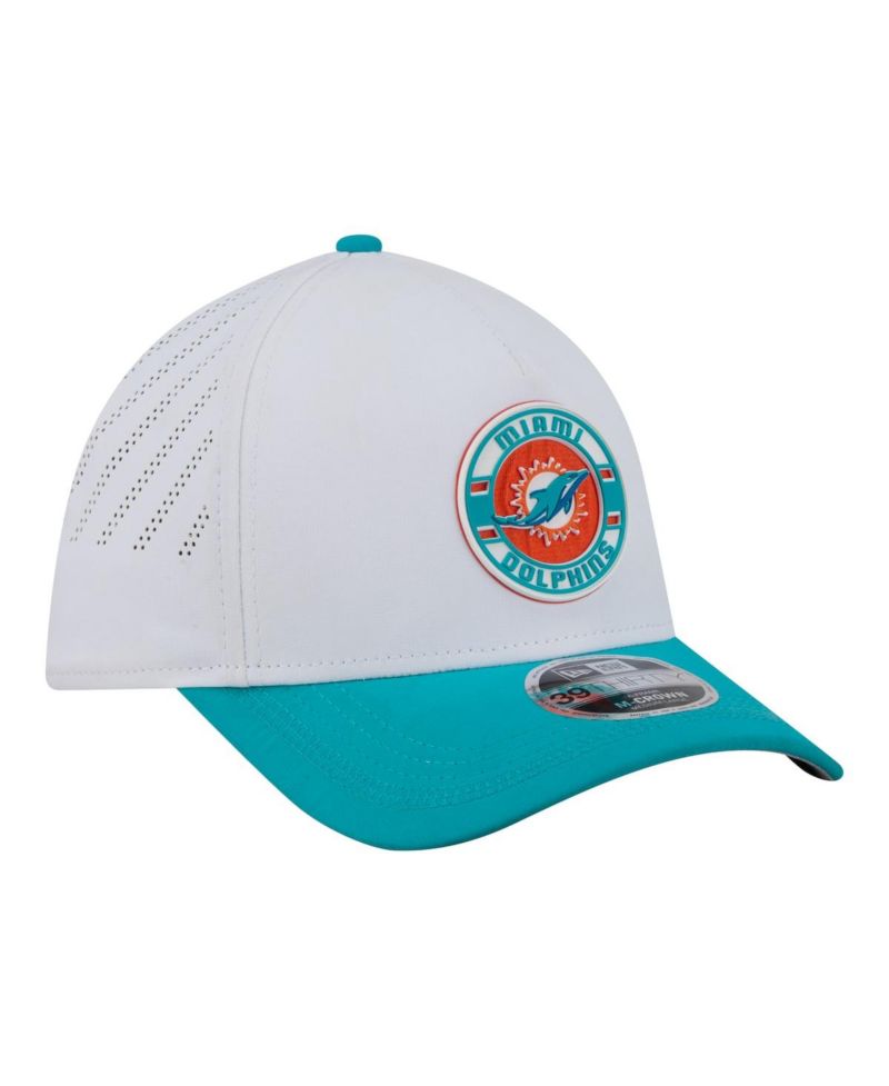 Men's White/Aqua Miami Dolphins Patch 39THIRTY A-Frame M-Crown Perforated Flex Hat