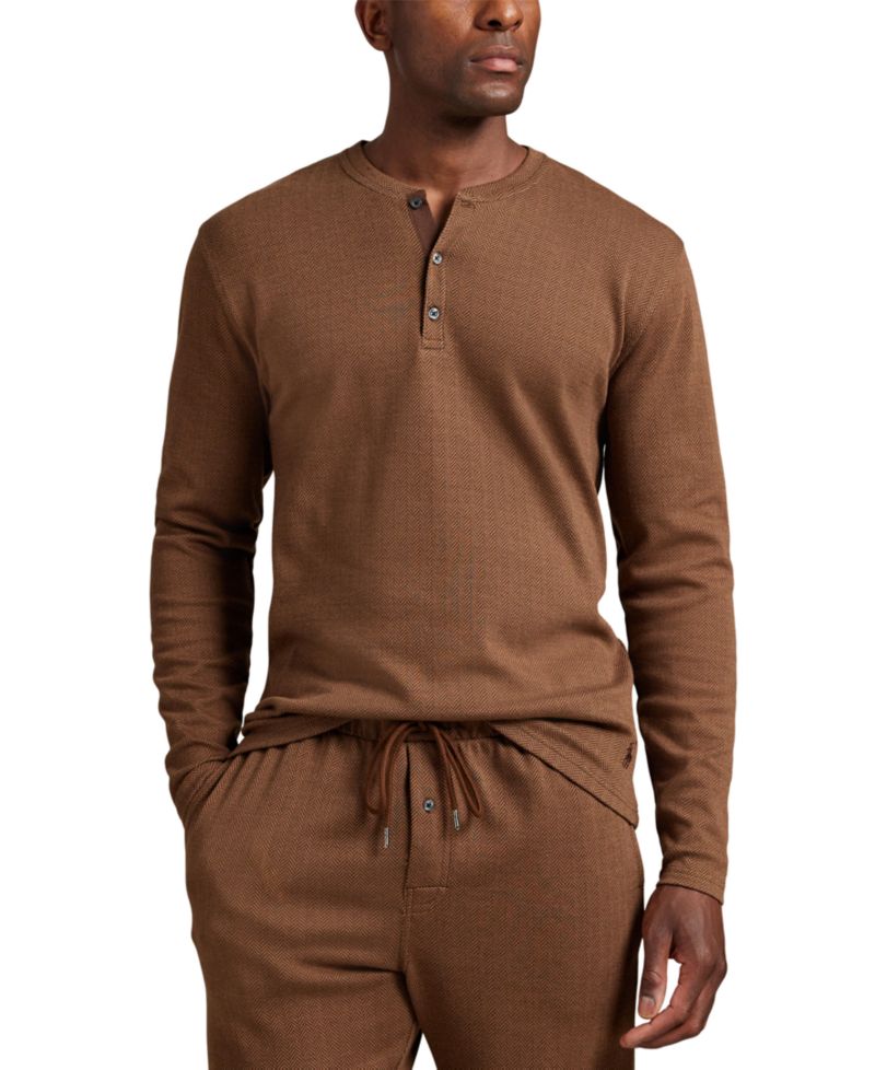 Мужская ночная рубашка Henley в елочку с длинным рукавом