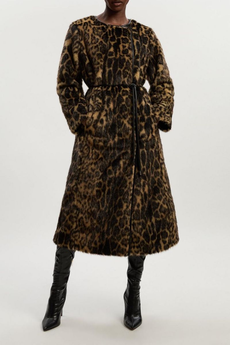 Women's Faux Fur Collarless Tie Belted Midi Coat