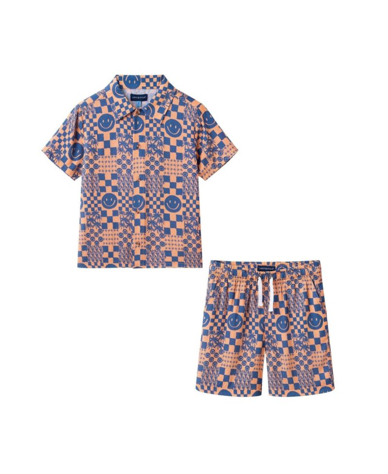 Little Boys Andy and Evan Andy and Evan Allover Smiley Print Buttondown and Shorts Set
