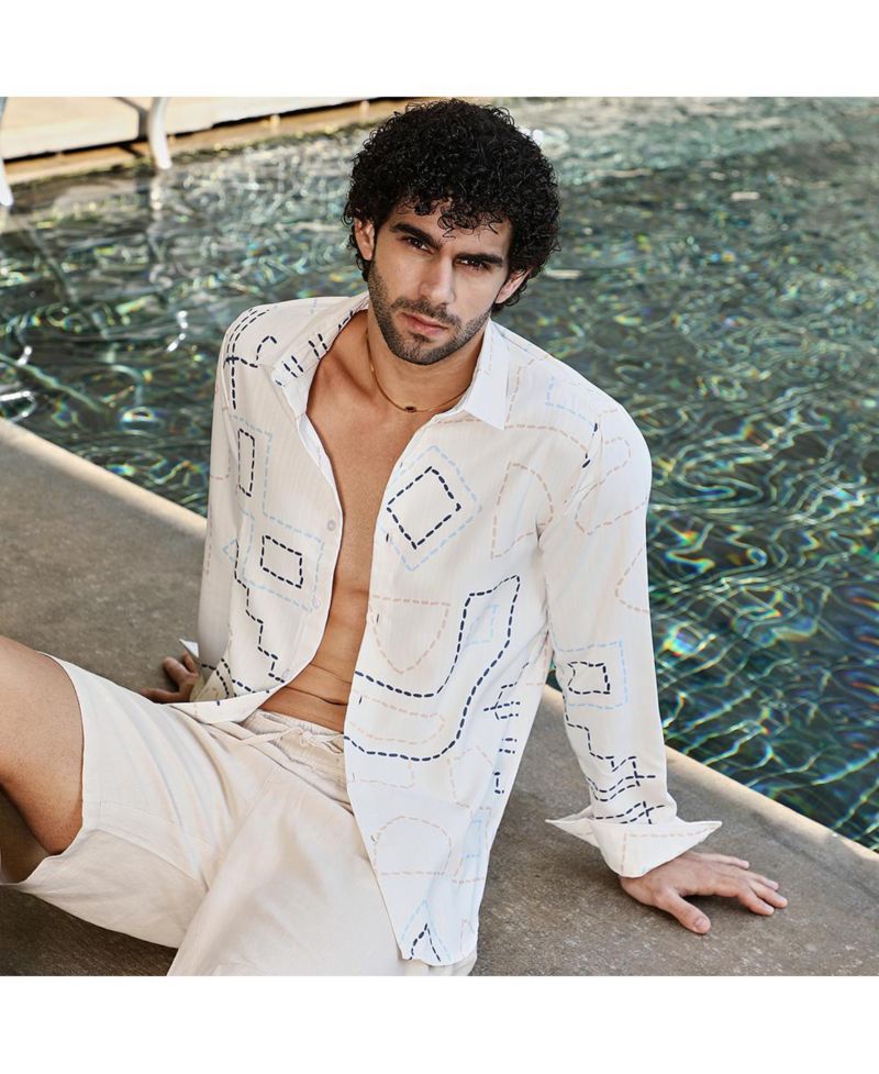 Men's Off-White & Navy Blue Thread-Lines Shirt